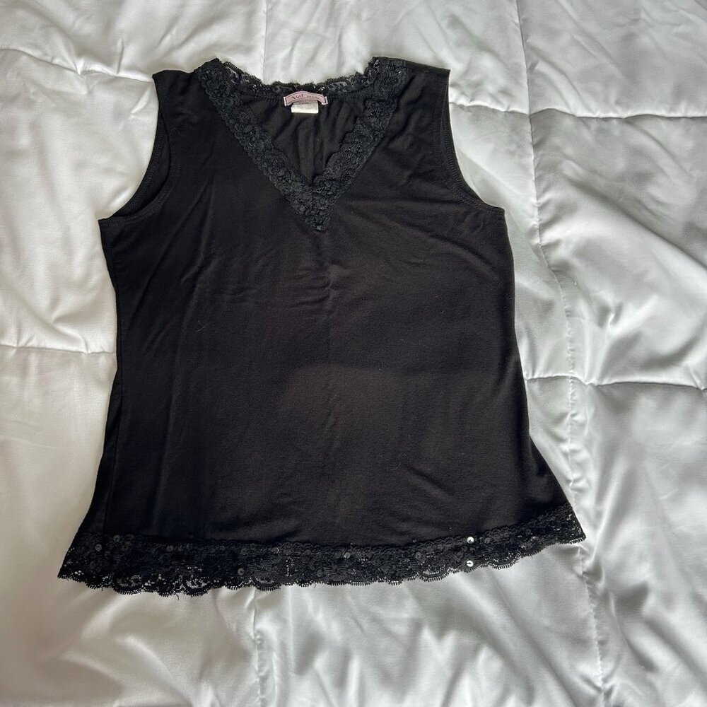 Vintage Vol 1 Womens Petite Medium M Black‎ Sequins Baby Doll Cami Tank Top Y2K